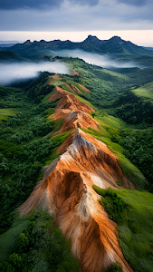 Dramatic Orange Mountain Ridge Over Lush Green Valley Fog