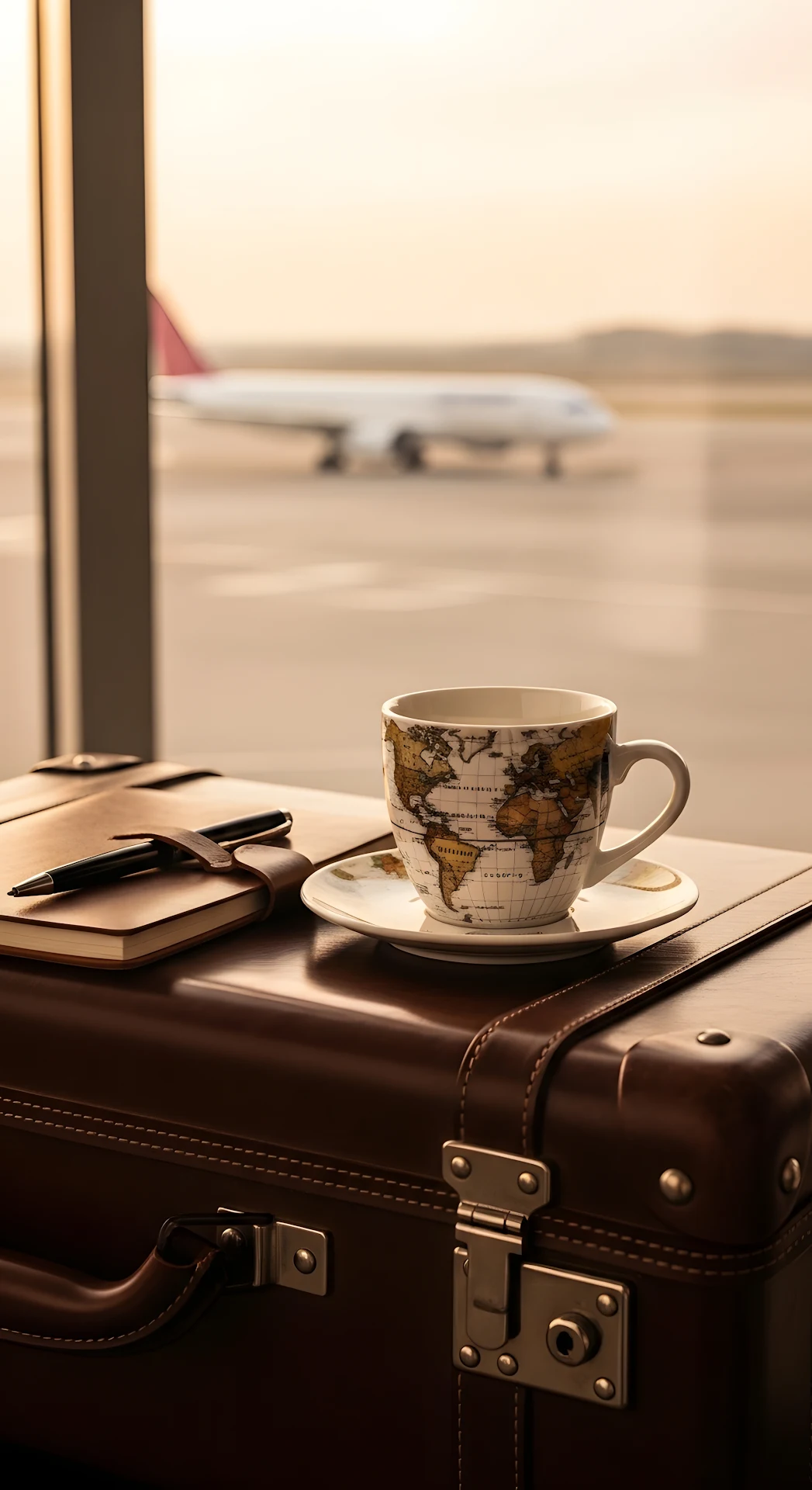 World Map Coffee Cup on Vintage Suitcase at Airport - Free 4K mobile Wallpaper