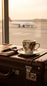 World Map Coffee Cup on Vintage Suitcase at Airport