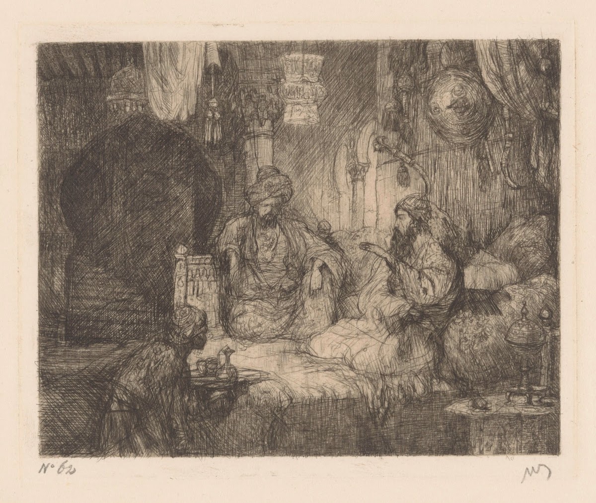 Ottomaans interieur met twee mannen en dienaar 1890