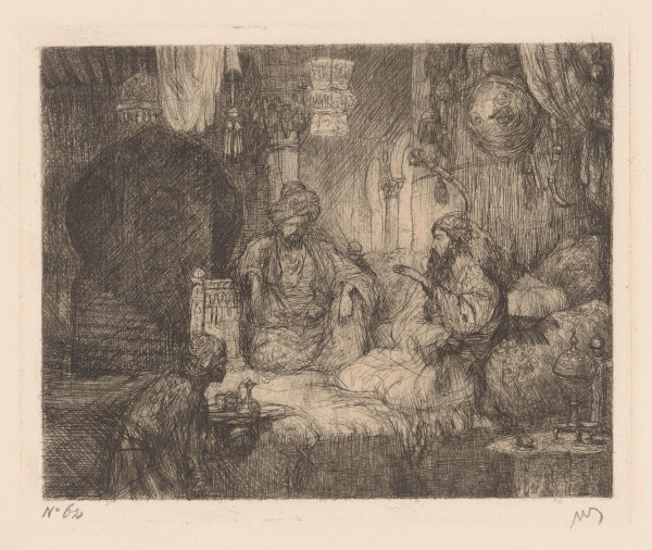 Ottomaans interieur met twee mannen en dienaar 1890