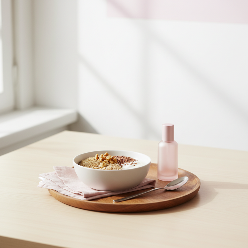 Power-Frühstück mit Hafer, Leinsamen, Walnüssen und Joghurt neben einer eleganten, unbeschrifteten Serumflasche auf Holztablett – Konzept: Nägel stärken.