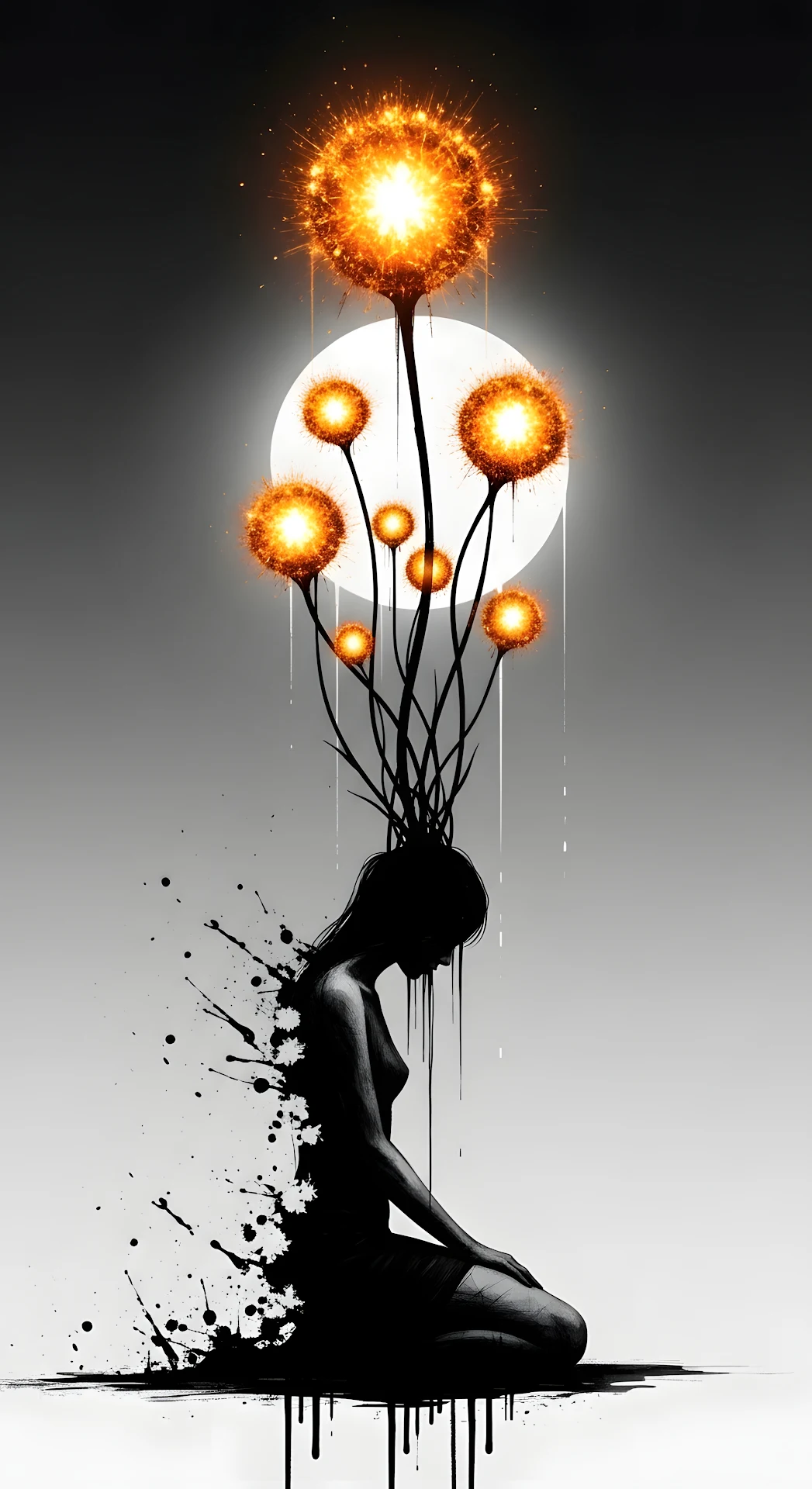 Silhouette of Grief with Glowing Sparkler Flowers - Free 4K mobile Wallpaper