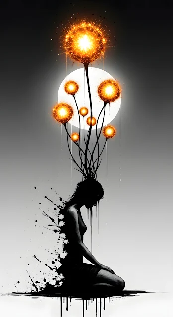 Silhouette of Grief with Glowing Sparkler Flowers