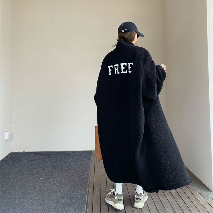 Long women's lamb fleece coat, standing collar, single-breasted
