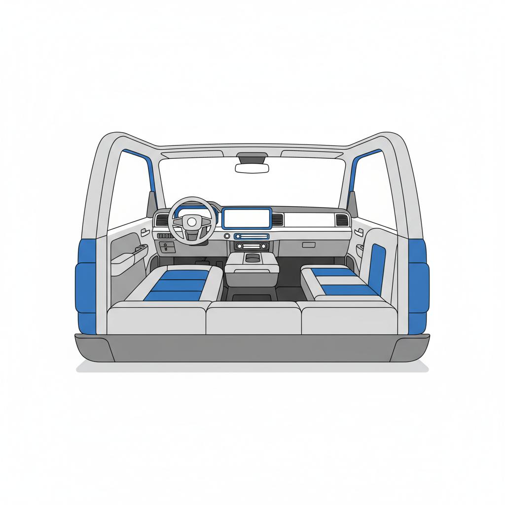 Minimalist 2D vector interior showing front seats dashboard materials and generous rear seat space in CarFax Deals brand colors toyota hilux for sale