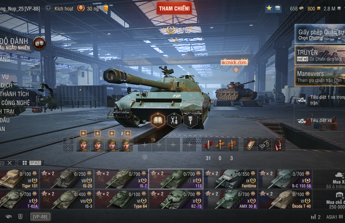 Acc World of Tanks PC sở hữu 6 tank X gồm BZ-75, 113, IS-7,...