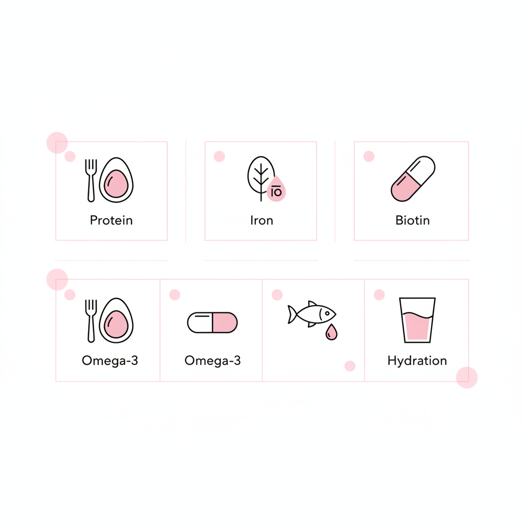 Minimalistische 2D-Vektor-Infografik mit fünf Icons (Protein, Eisen, Biotin, Omega‑3, Hydration) zur Illustration von Tipps zum Nägel stärken, weiße Fläche, Akzent #f57fb6.