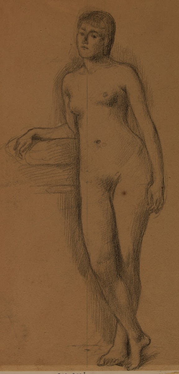 Femme nue debout de face coude et avant bras droit appuyés 1886 1889