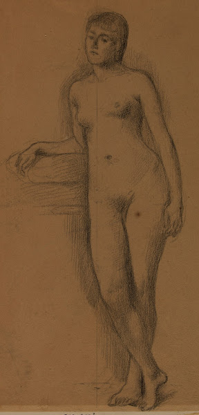 Femme nue debout de face coude et avant bras droit appuyés 1886 1889