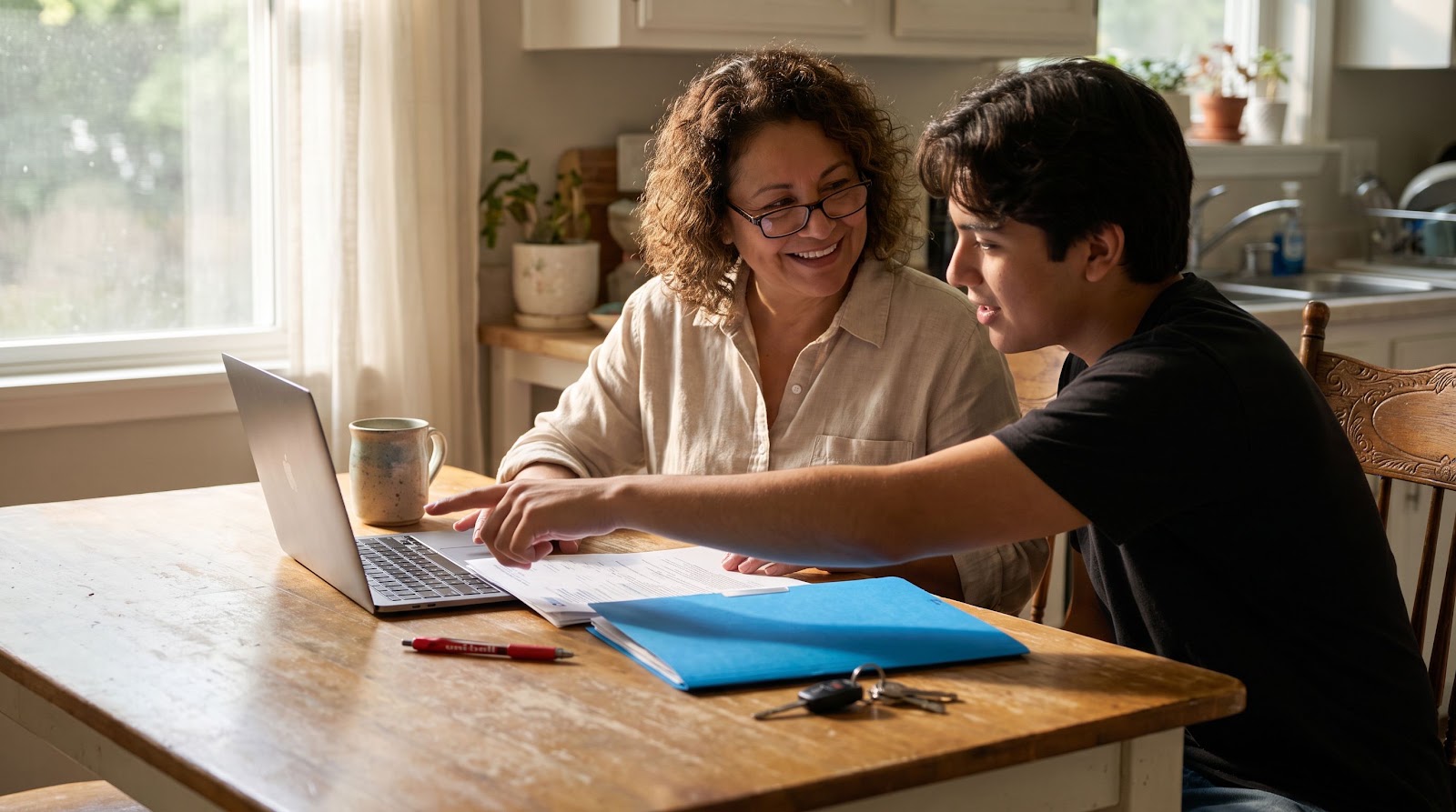 Mother and college student reviewing texas college student car insurance and vehicle paperwork at home