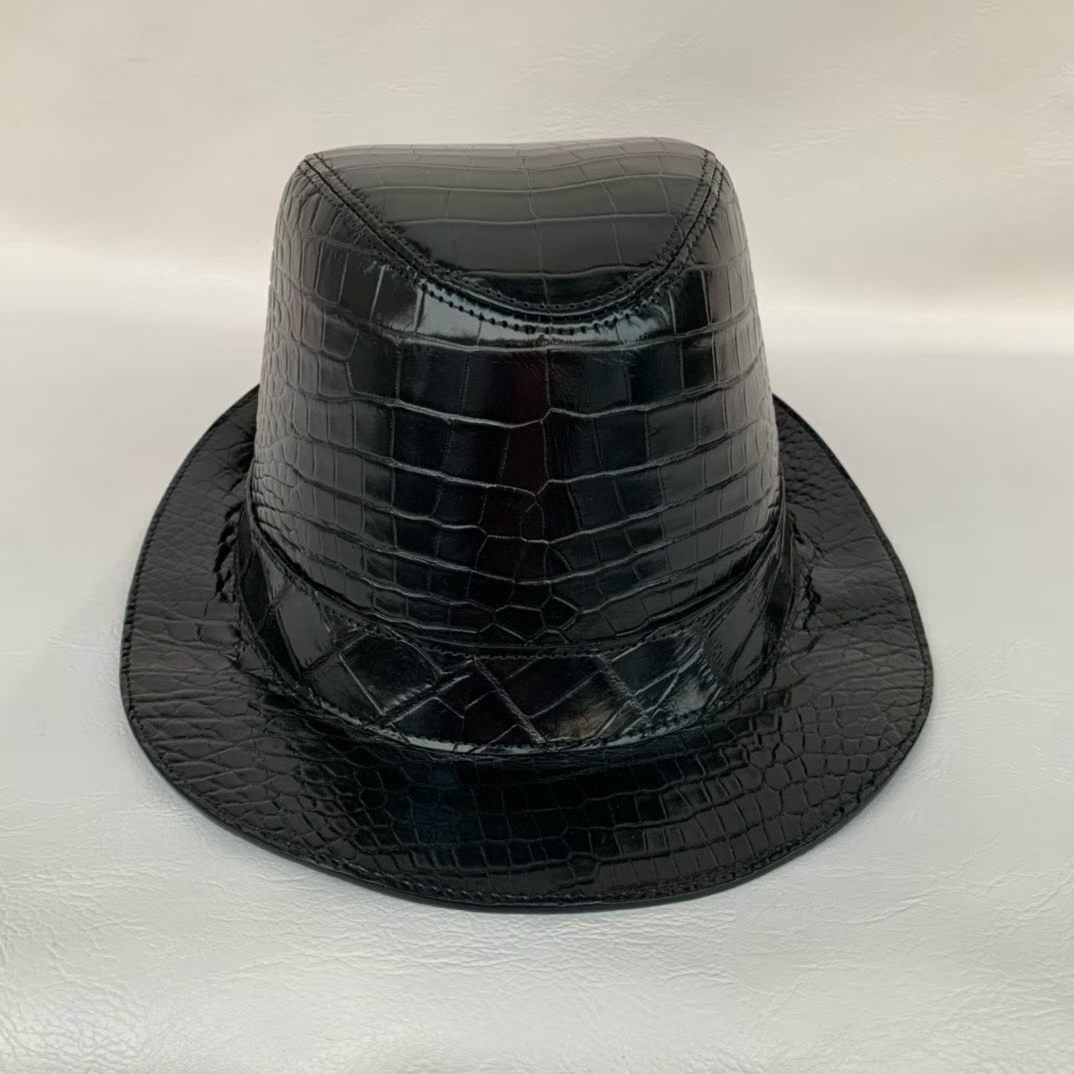 black genuine alligator leather fedora hat with structured crown and medium brim - detail 3.1