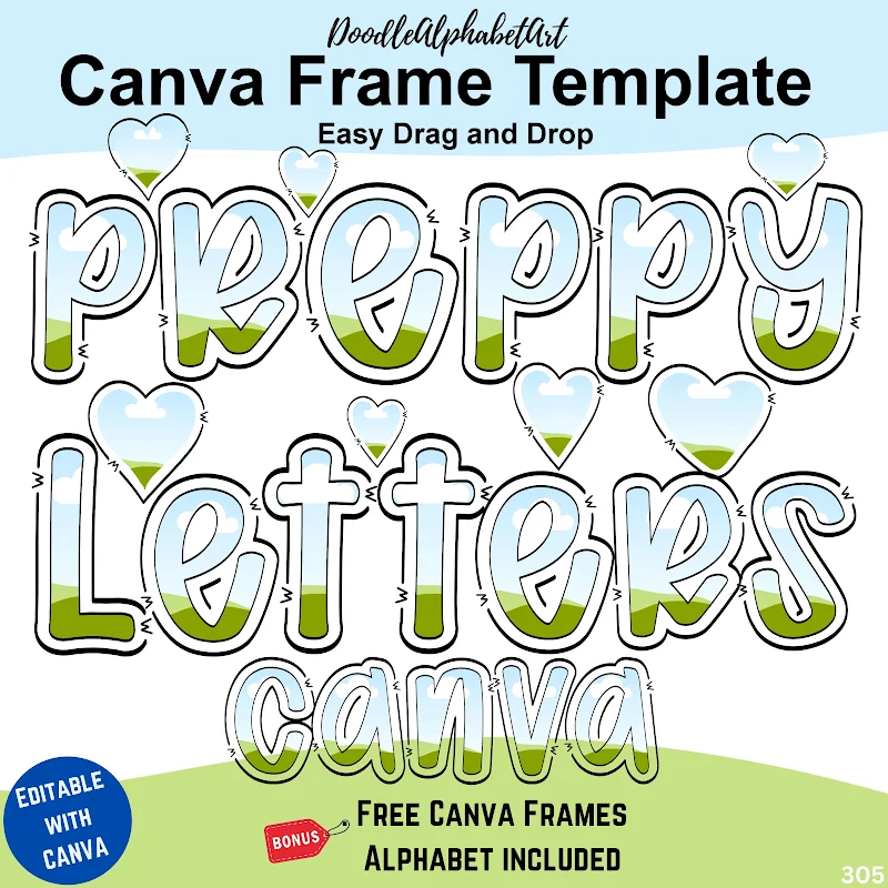 Editable preppy Canva frame preview for Canva frames Preppy outlined Doodle Font t