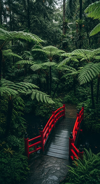 Red Oriental Bridge Over a Pond in a Lush, Dense Tropical or Japanese Garden - Free mobile Wallpaper