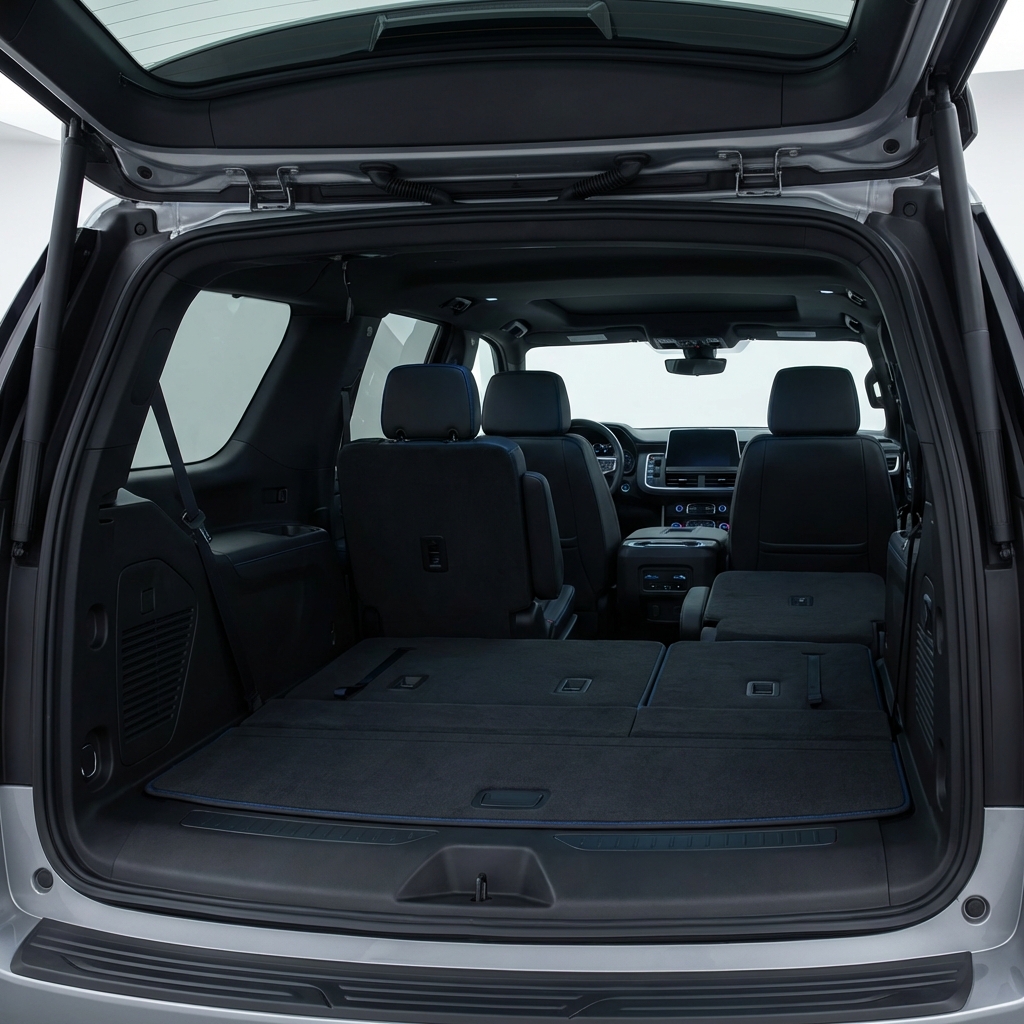 Full frame interior of a chevy tahoe for sale showing three rows and a folded third row to highlight cargo flexibility