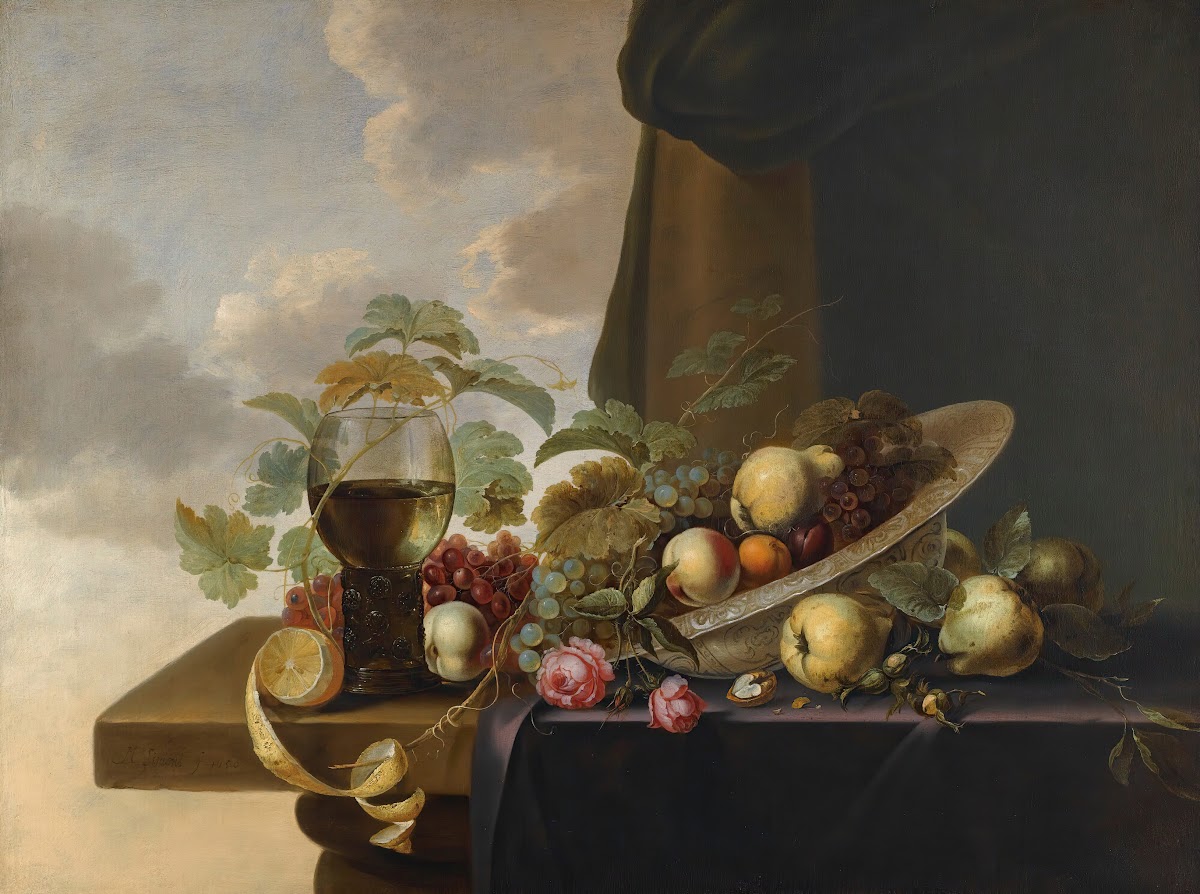 A Still Life With Grapes Pears A Peach And Roses In A Waanli Kraak Porcelain Bow