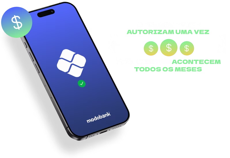 Smartphone com símbolo do Pix e ícones monetários ilustrando o conceito de pagamento recorrente. Ao lado, o texto informativo: 'Seus clientes autorizam uma vez. Pagamentos acontecem todos os meses.'