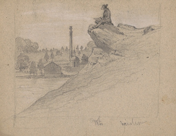 Man sketching on rock perhaps Queen monument and circular building beyond 1840 1