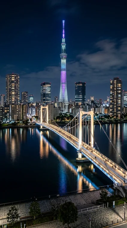 Tokyo Skyline with Illuminated Pedestrian Bridge