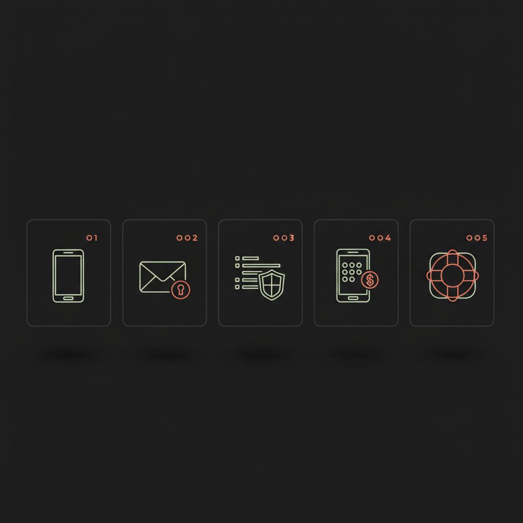 Minimal 2D vector infographic with five tiled icons (device, recovery email, backup codes, authenticator, support) on black background to help recover Google account password.