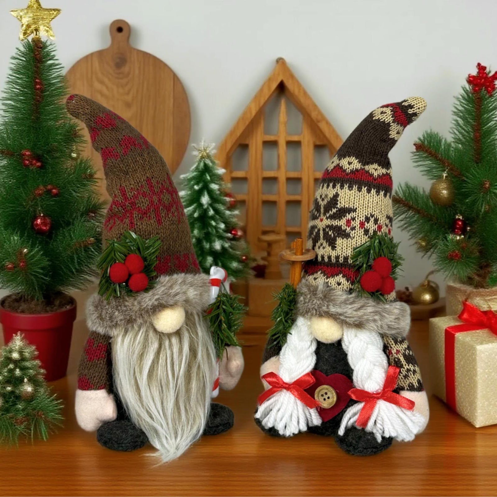 Christmas gnome figure with knitted hat and branch