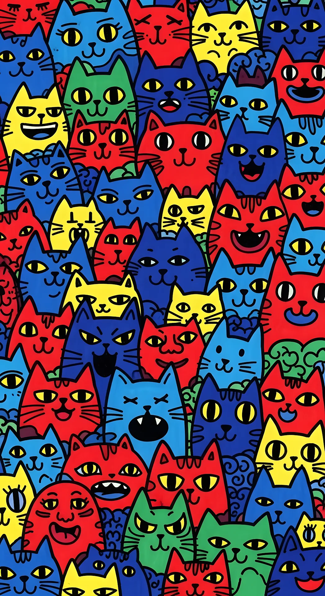Vibrant Hand-Drawn Doodle Collage of Cat Faces and Characters - Free 4K mobile Wallpaper