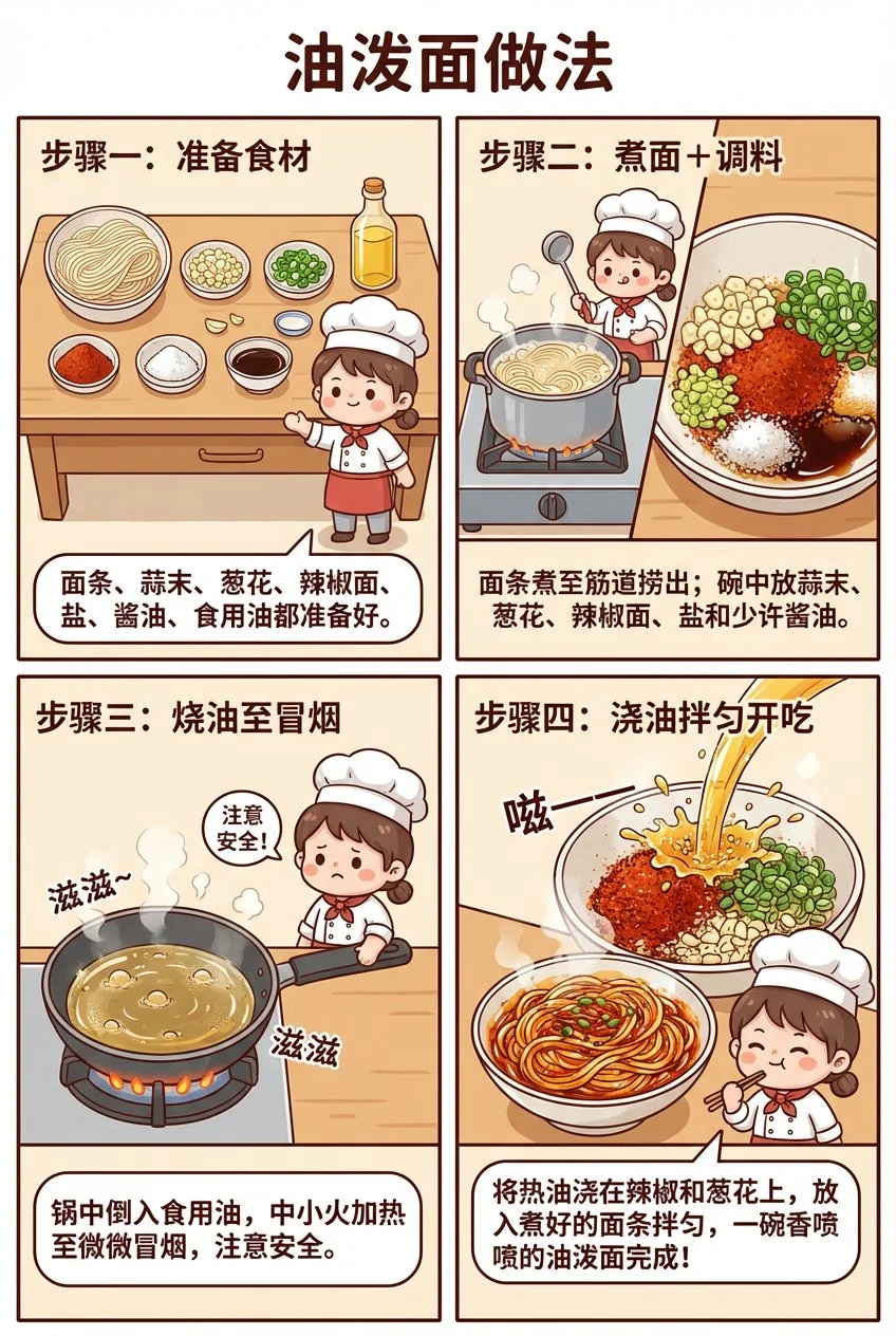 Nano Banana: Instrucción para fideos salpicados de aceite (cómic instructivo)