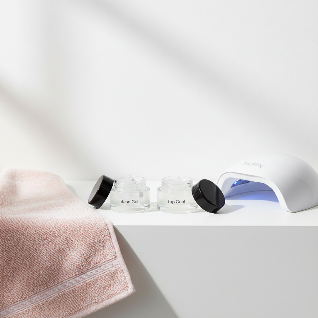 Minimalistisches Badezimmerstillleben mit offenem Base Gel, Top Coat, UV-LED-Lampe und pastellfarbenem Handtuch – Riss im Nagel reparieren