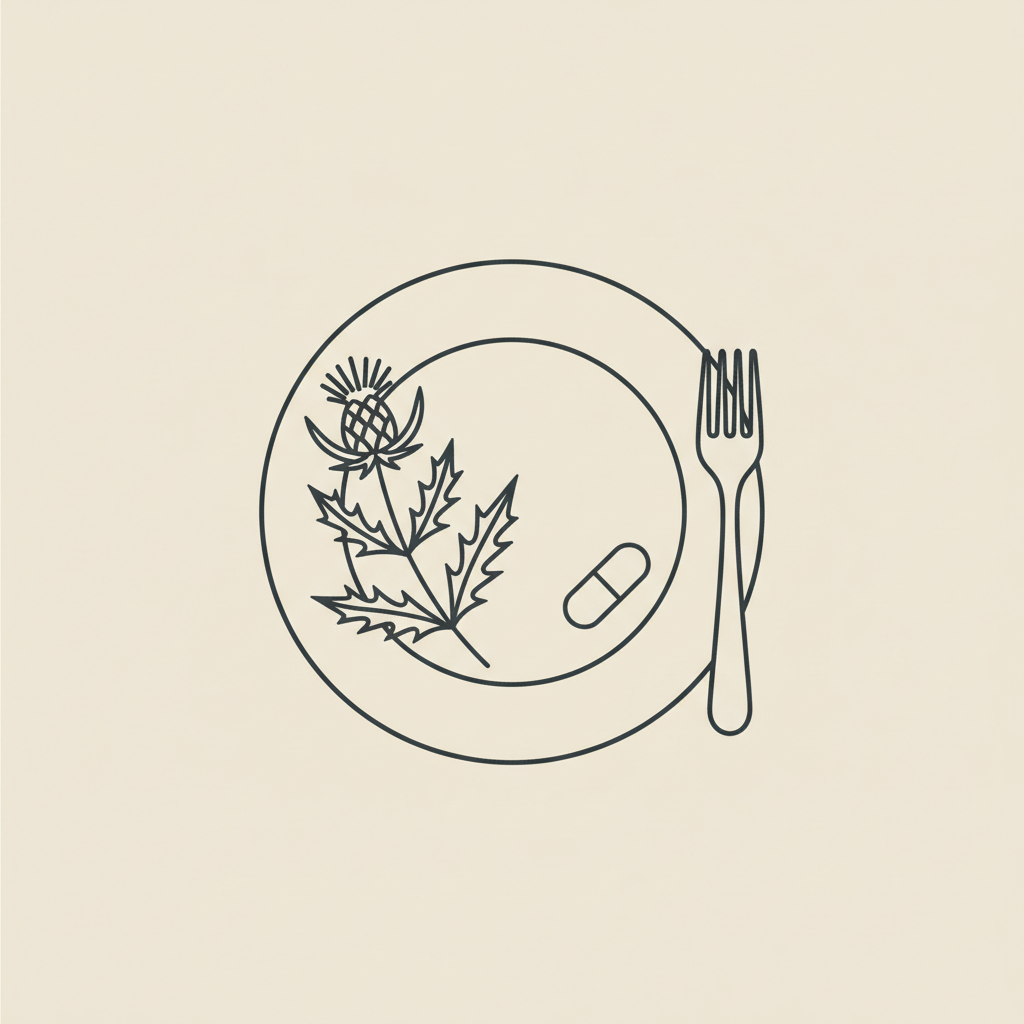 Minimalist line illustration of a plate with a fork, a small capsule and a milk thistle sprig on a beige background, symbolizing balanced nutrition and gentle supplementation for safe weight loss.