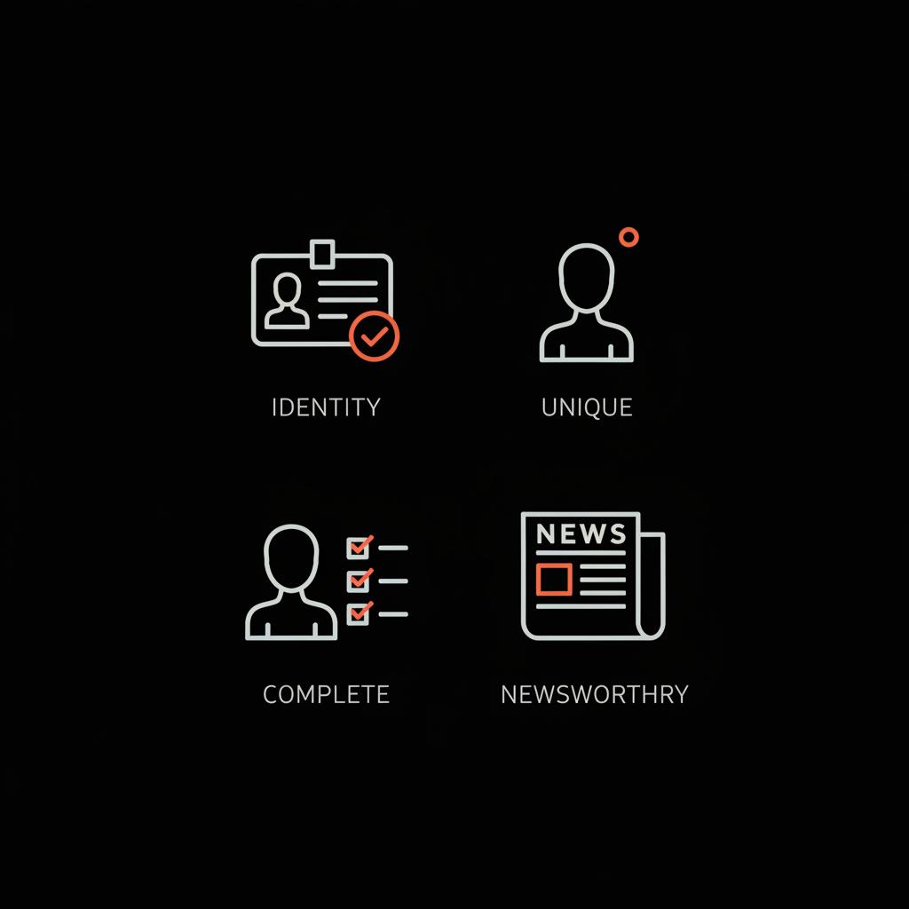 Minimal black infographic showing four verification icons (ID card, single-user silhouette, profile checklist, news article) with light typography and orange accents to illustrate how to get verified on Instagram