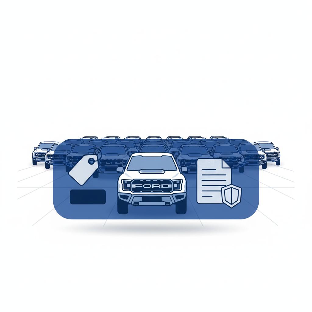 Minimalist vector dealer lot with several Ford F150 Raptors and one highlighted truck showing a translucent price tag and a simplified VIN report graphic ford f150 raptor for sale