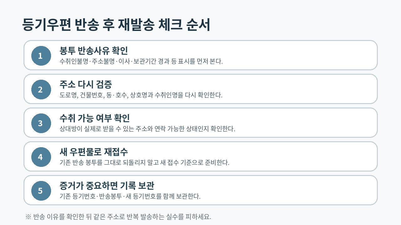등기우편 반송 후
반송사유 확인부터 주소 수정과 새 등기 재접수까지의 점검 순서 이미지