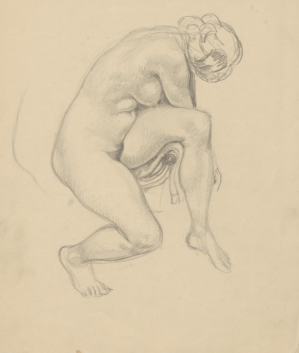 Naked woman sitting on the armrest of a chair 1895 1928