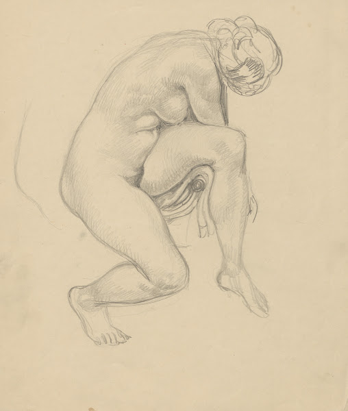 Naked woman sitting on the armrest of a chair 1895 1928