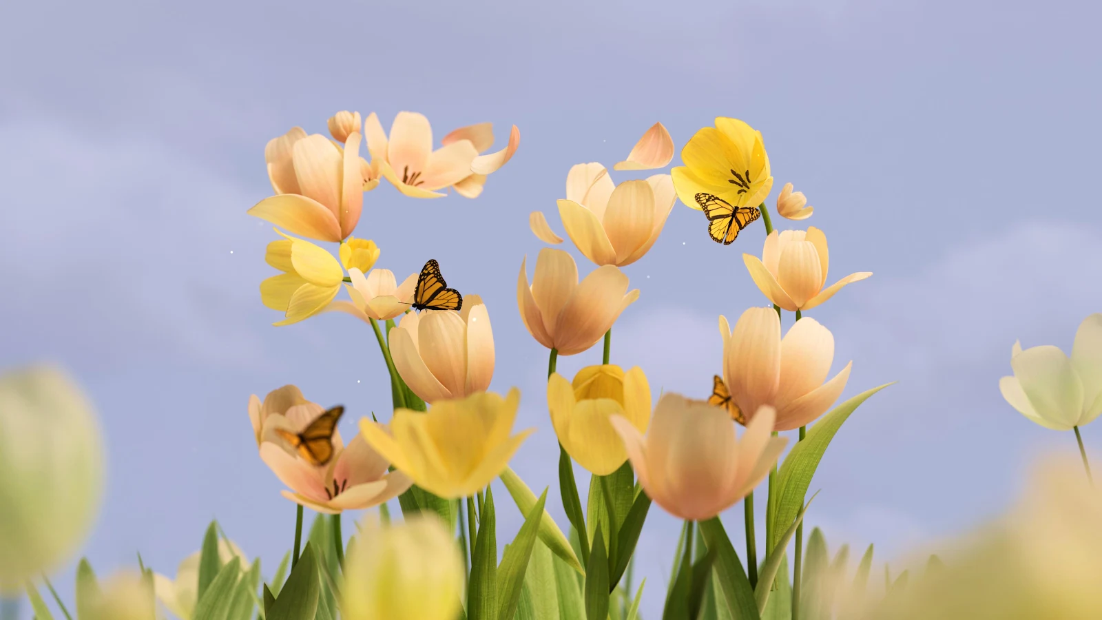Yellow Tulips And Monarch Butterflies - Digital Illustration 4K Wallpaper (3840x2160)