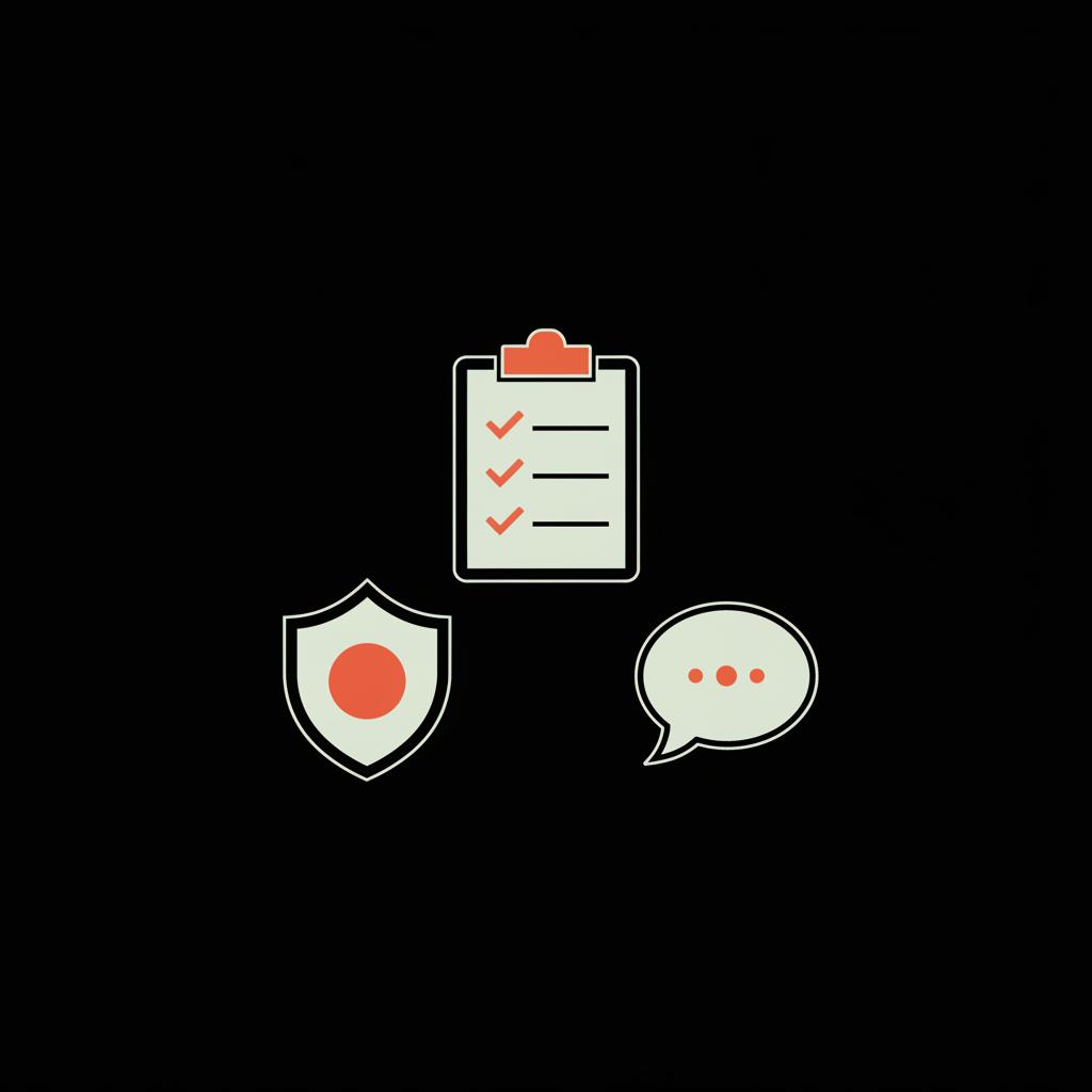 Minimal 2D vector infographic of a clipboard checklist, shield emblem and chat bubble on black background using Social Success Hub palette, Glassdoor review