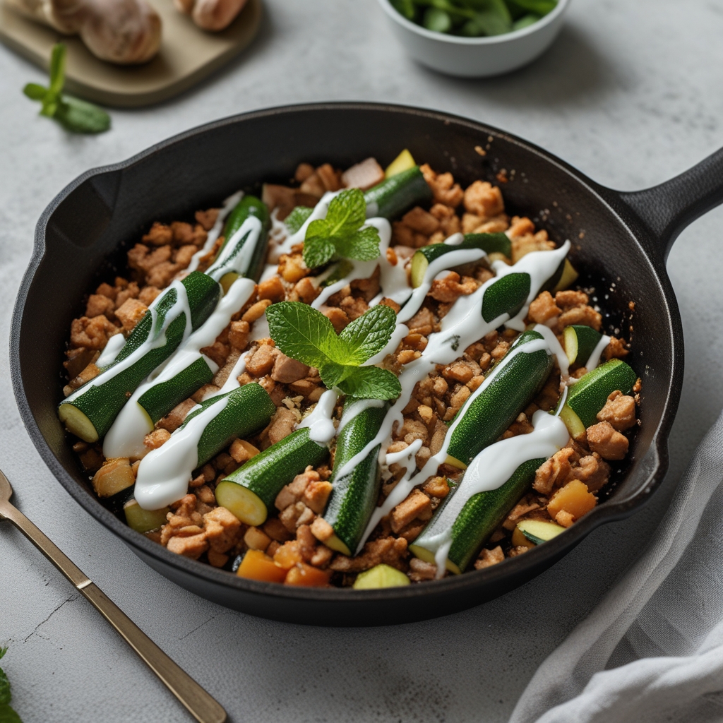 Mediterranean Turkey Zucchini Skillet with Cool Mint Yogurt Drizzle