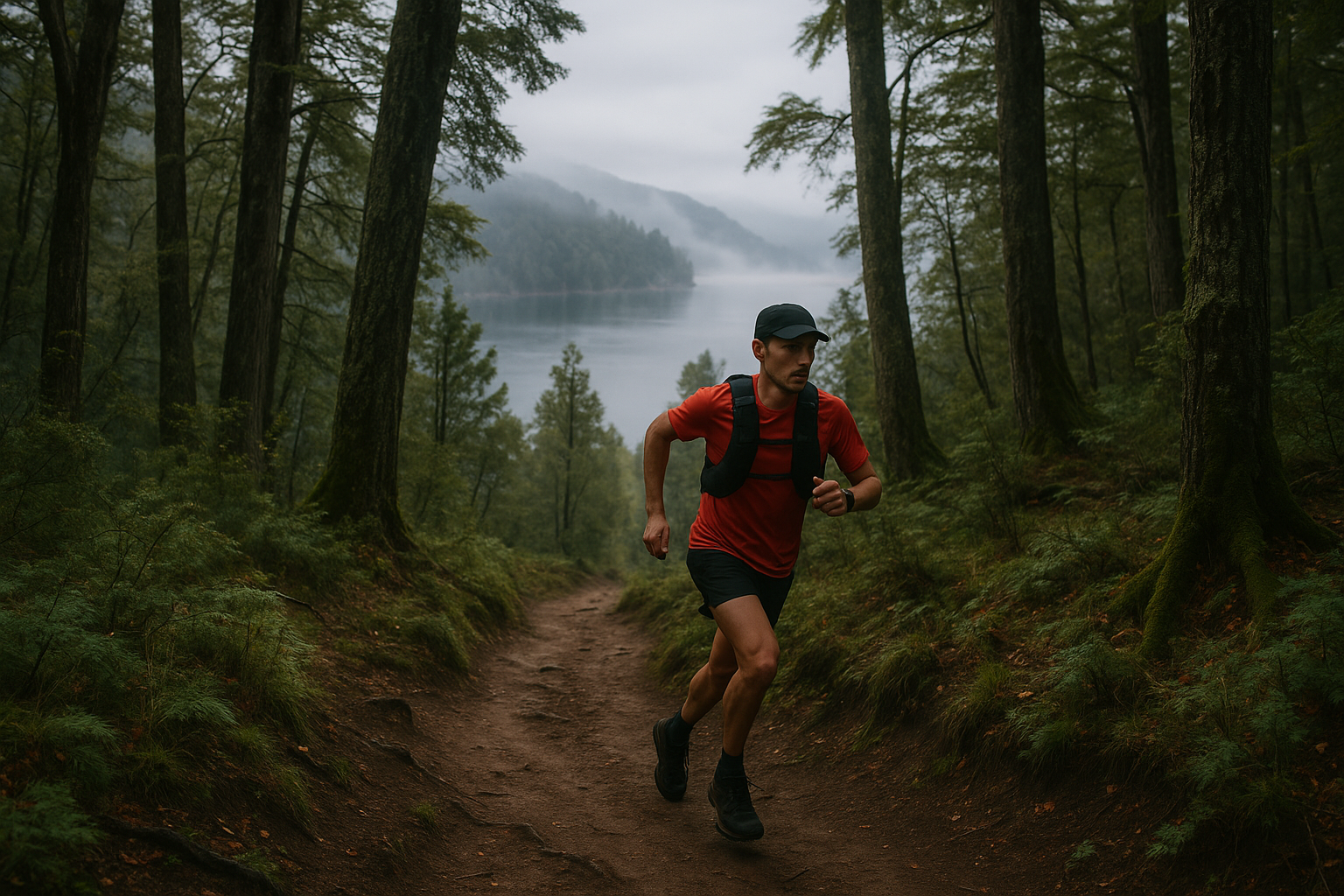 Trail runner en sendero boscoso de Villa La Angostura con lago Nahuel Huapi de fondo