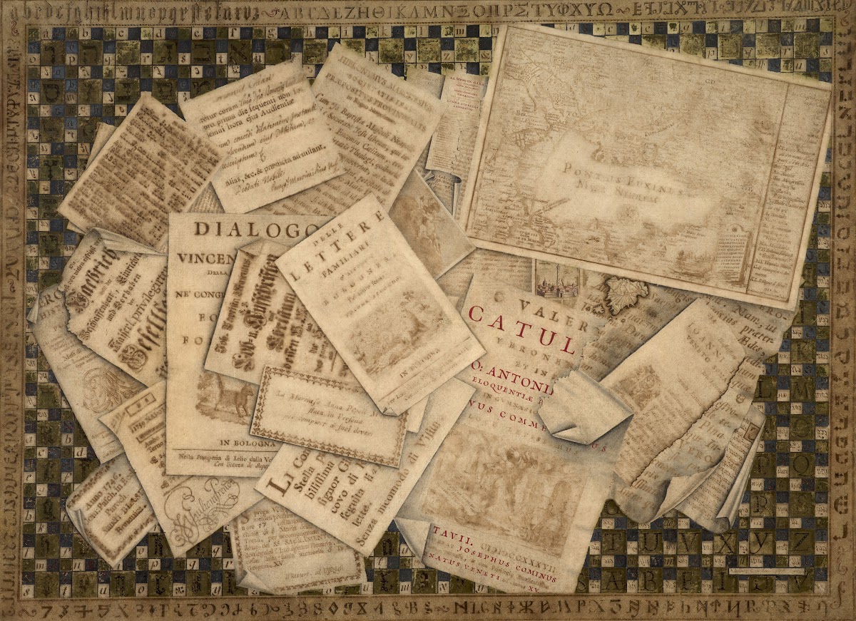 Trompe lœil of prints and of an alphabet sampler 18th Century