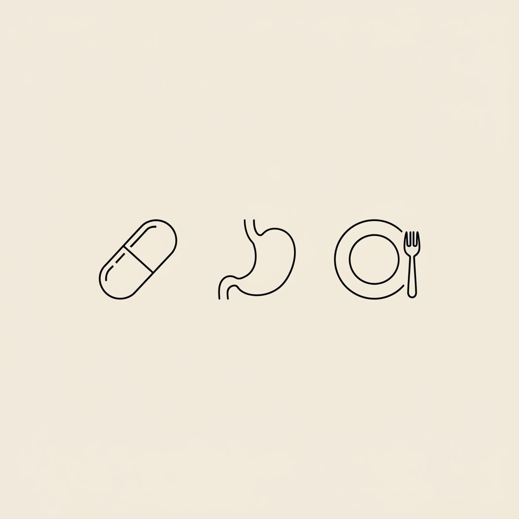 Minimalist Tonum-style line illustration of a capsule, small stomach icon, and plate with fork on beige background referencing alpha-lipoic acid heartburn.