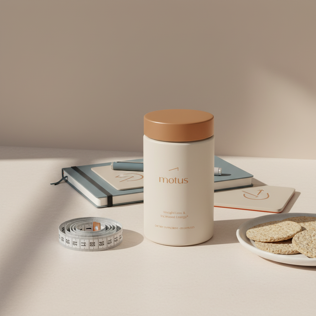 Motus supplement bottle on a minimalist beige kitchen counter with a coiled measuring tape, whole-grain crackers and a blue-gray journal — what causes belly fat in men
