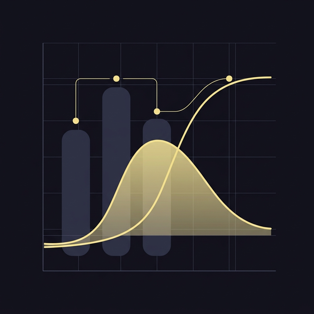 Minimalist vector comparison chart with bars for displayed odds and a smooth model probability curve shading implied probability area visualizing cricket odds on a dark Funded Plays style background
