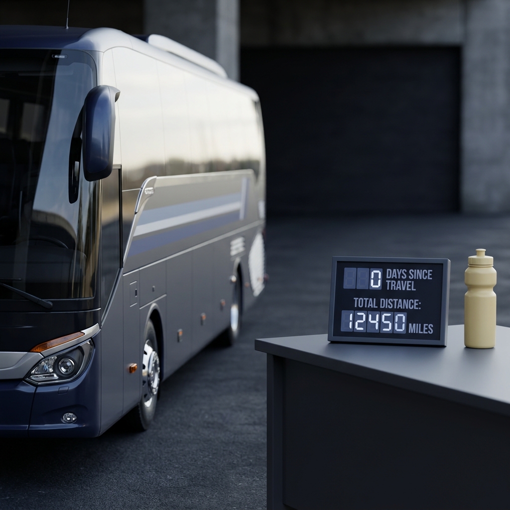 Close up photo of a sports team bus and a minimalist tabletop display showing days since travel and total distance numbers in Funded Plays palette illustrating Travel Distance as a Sports Analytics Variable