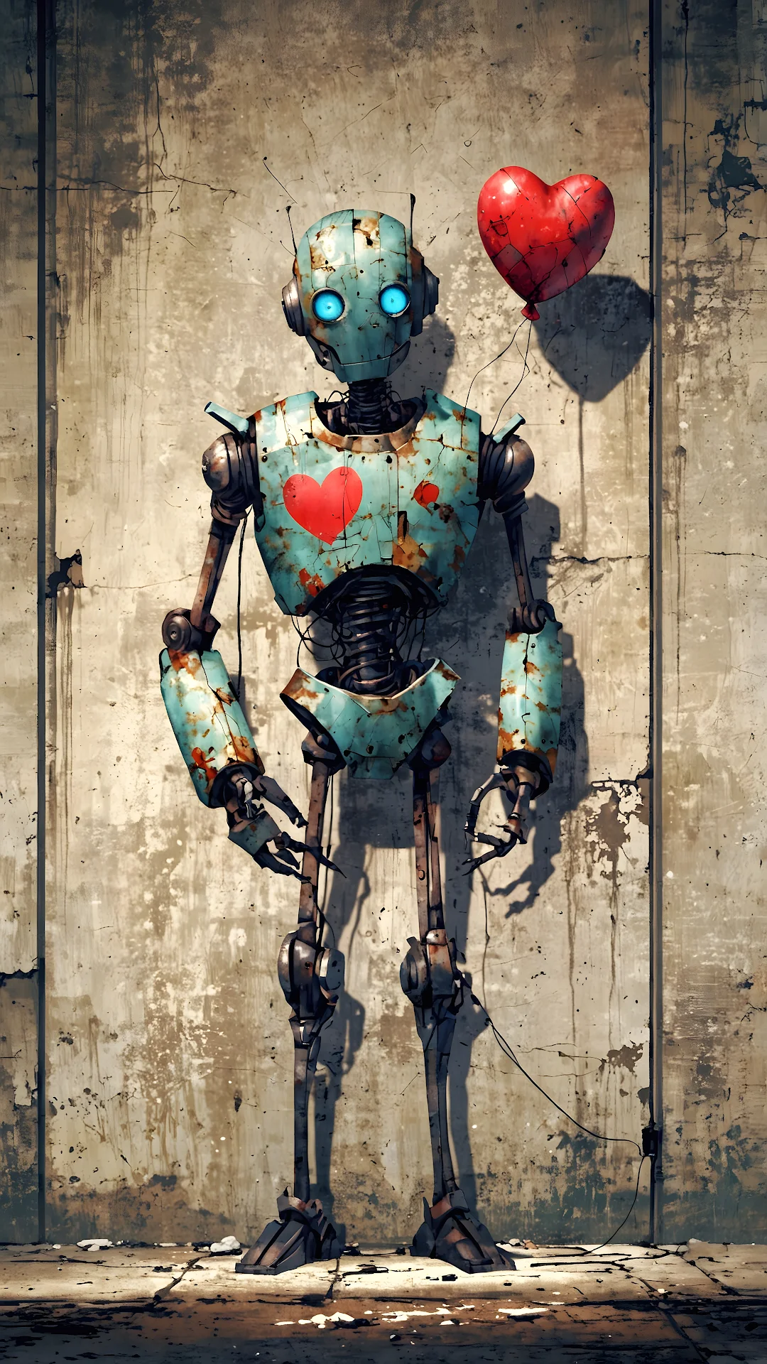 Banksy Style Rusted Robot Holding Red Heart Balloon Art - Free 4K mobile Wallpaper