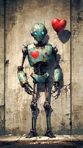 Banksy Style Rusted Robot Holding Red Heart Balloon Art