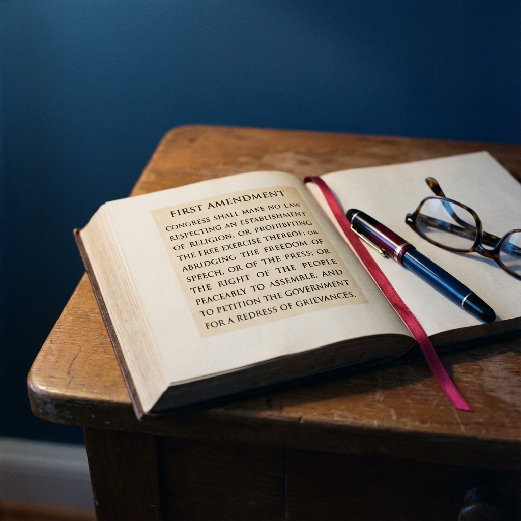 Which amendment is freedom of belief? Close up of First Amendment text on open Constitution page with fountain pen and reading glasses on deep blue 0b2664 background minimal Michael Carbonara style