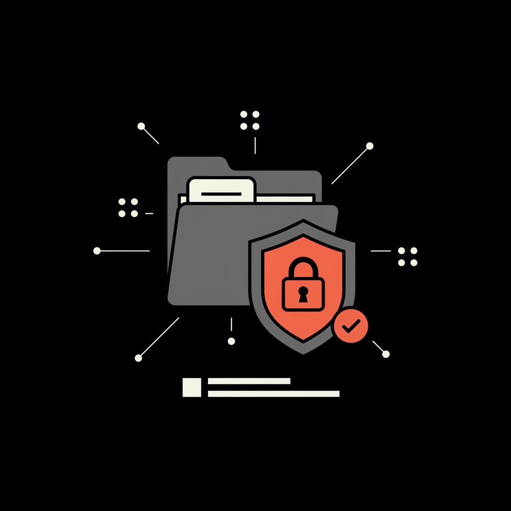 Flat vector infographic of a secure folder with documents and a shield icon on black background using grey and orange accents, illustrating verify my Google Account