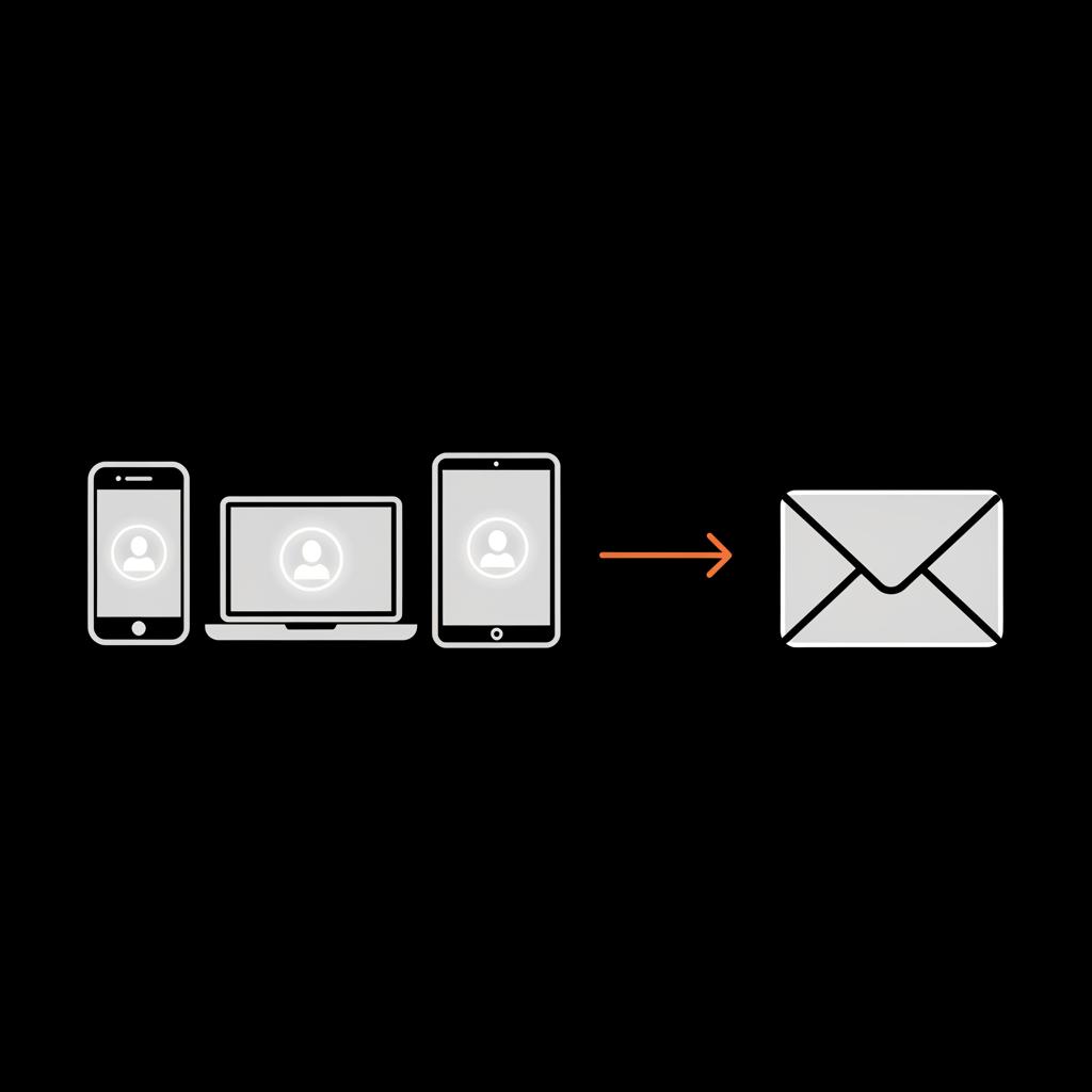 Minimal infographic of phone, laptop, and tablet with highlighted profile avatars and an arrow pointing to an email icon to find Gmail address