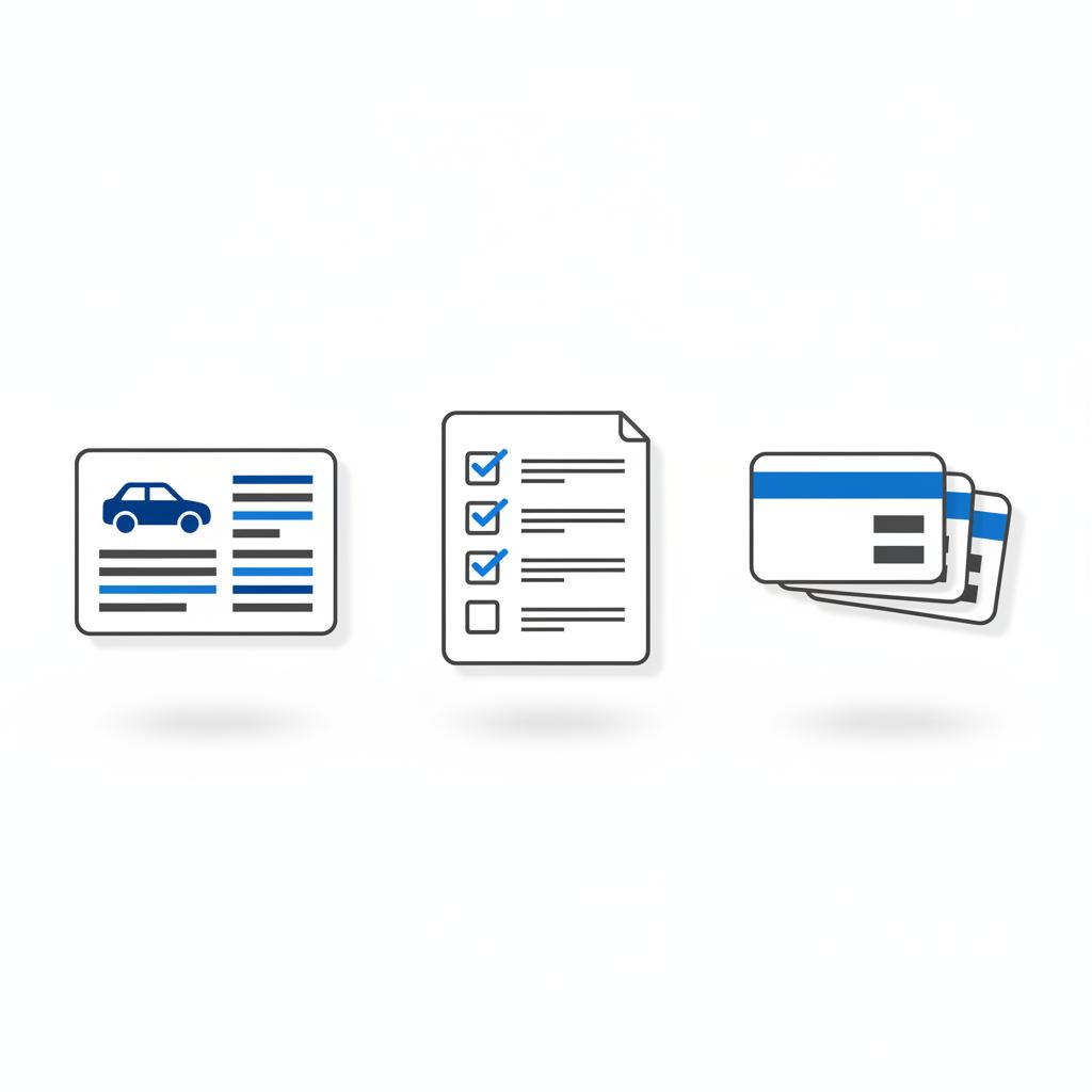 Top down minimalist 2D vector flat lay of vehicle history report inspection checklist and printed comparables on white background styled for kelley blue book car with blue accents