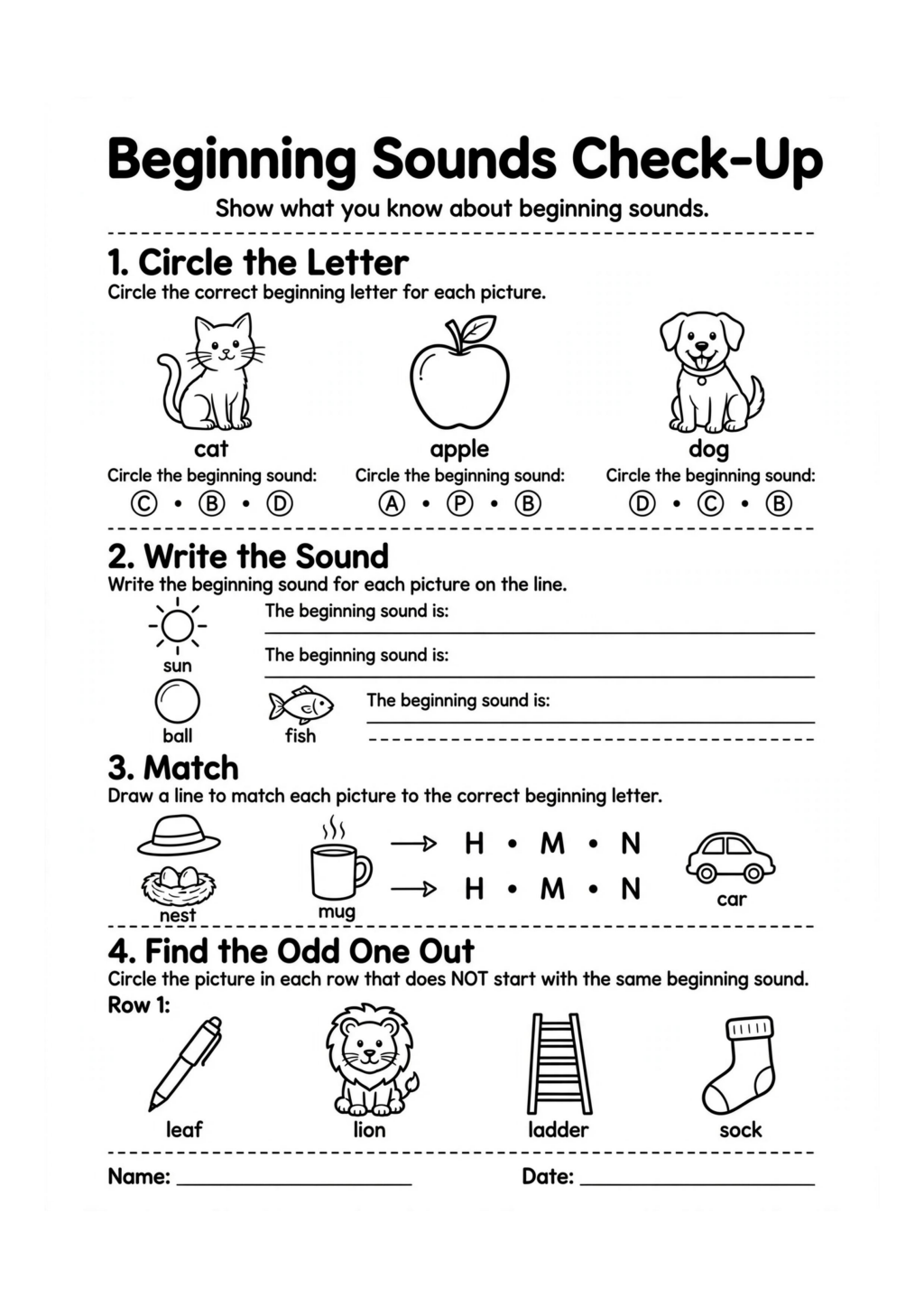 Beginning Sounds Mini Assessment Worksheet